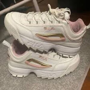 Fila White and Gold Sneakers with Pink Accents